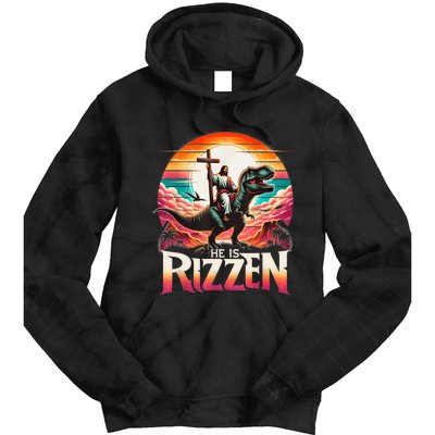 He Is Rizzen Jesus Has Rizzen Retro Christian Dinosaur Tie Dye Hoodie