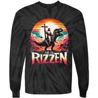 He Is Rizzen Jesus Has Rizzen Retro Christian Dinosaur Tie-Dye Long Sleeve Shirt