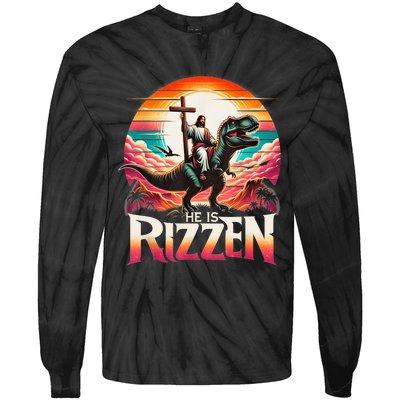 He Is Rizzen Jesus Has Rizzen Retro Christian Dinosaur Tie-Dye Long Sleeve Shirt