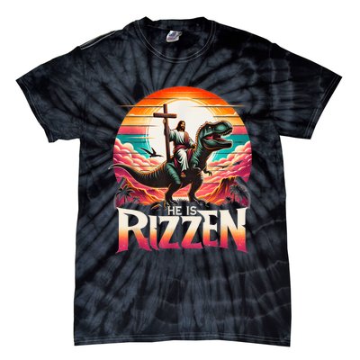 He Is Rizzen Jesus Has Rizzen Retro Christian Dinosaur Tie-Dye T-Shirt