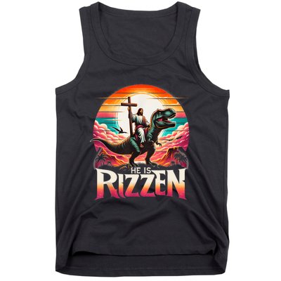 He Is Rizzen Jesus Has Rizzen Retro Christian Dinosaur Tank Top