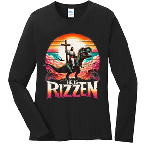 He Is Rizzen Jesus Has Rizzen Retro Christian Dinosaur Ladies Long Sleeve Shirt