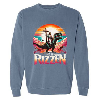 He Is Rizzen Jesus Has Rizzen Retro Christian Dinosaur Garment-Dyed Sweatshirt