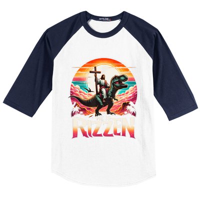 He Is Rizzen Jesus Has Rizzen Retro Christian Dinosaur Baseball Sleeve Shirt