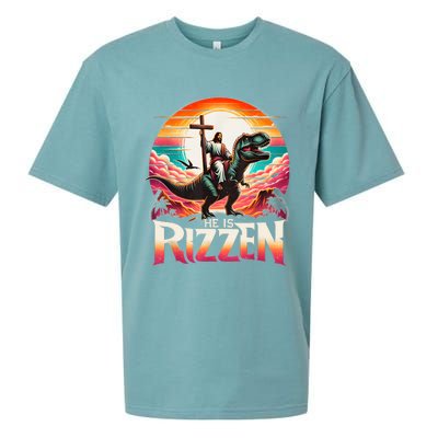 He Is Rizzen Jesus Has Rizzen Retro Christian Dinosaur Sueded Cloud Jersey T-Shirt