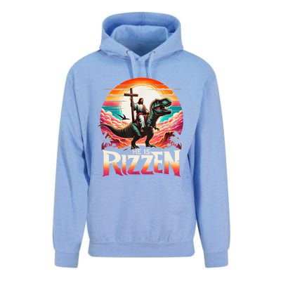 He Is Rizzen Jesus Has Rizzen Retro Christian Dinosaur Unisex Surf Hoodie