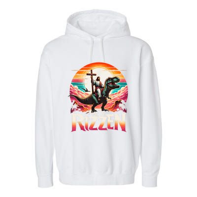 He Is Rizzen Jesus Has Rizzen Retro Christian Dinosaur Garment-Dyed Fleece Hoodie