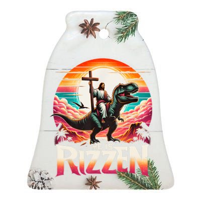 He Is Rizzen Jesus Has Rizzen Retro Christian Dinosaur Ceramic Bell Ornament