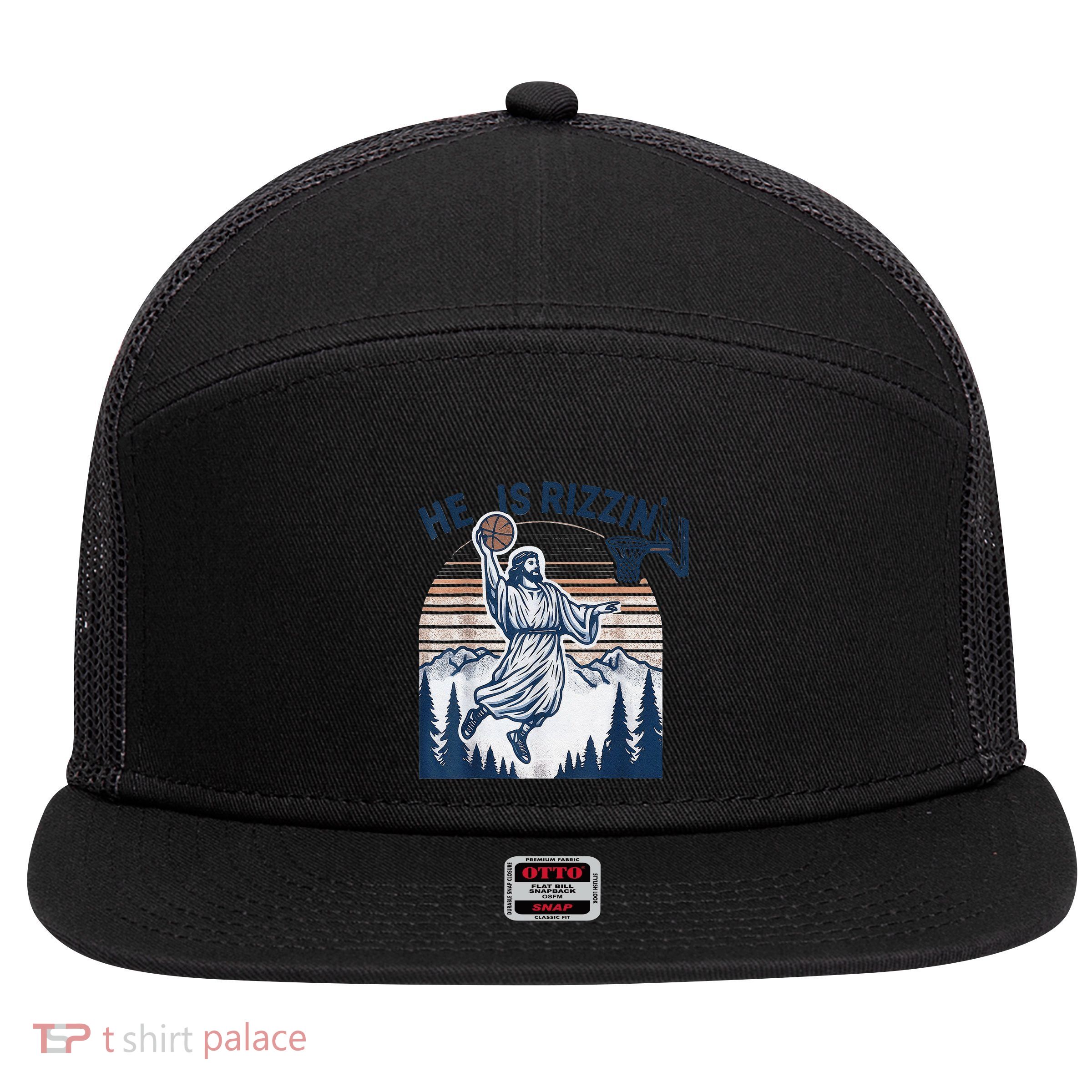 He Is Rizzin Christian Easter Basketball Jesus 7 Panel Mesh Trucker Snapback Hat