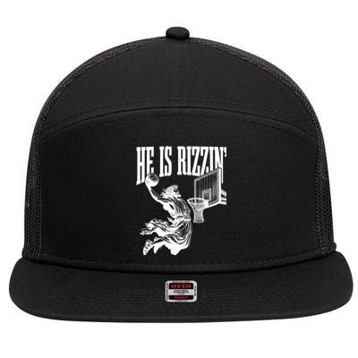 He Is Rizzin Funny Jesus Basketball Easter Meme 7 Panel Mesh Trucker Snapback Hat