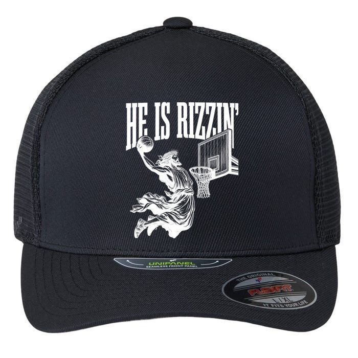 He Is Rizzin Funny Jesus Basketball Easter Meme Flexfit Unipanel Trucker Cap