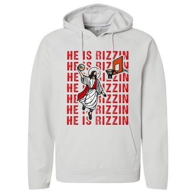 He Is Rizzin Jesus Is Rizzen Dunking Basketball Performance Fleece Hoodie