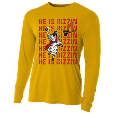 He Is Rizzin Jesus Is Rizzen Dunking Basketball Cooling Performance Long Sleeve Crew