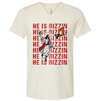 He Is Rizzin Jesus Is Rizzen Dunking Basketball V-Neck T-Shirt