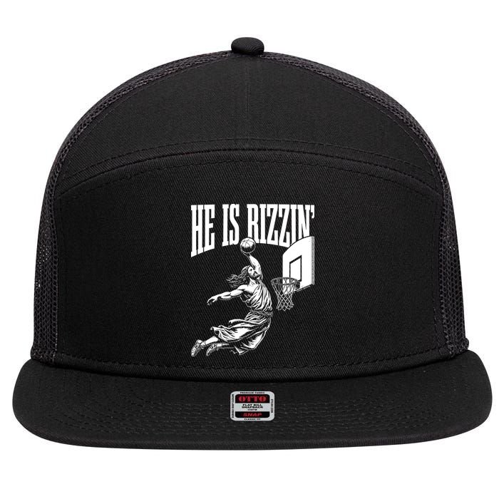 He Is Rizzin Funny Jesus Basketball Meme 7 Panel Mesh Trucker Snapback Hat