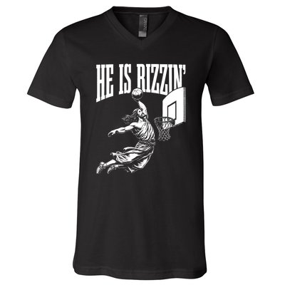 He Is Rizzin Funny Jesus Basketball Meme V-Neck T-Shirt