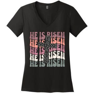 He Is Risen Easter Christian Women's V-Neck T-Shirt