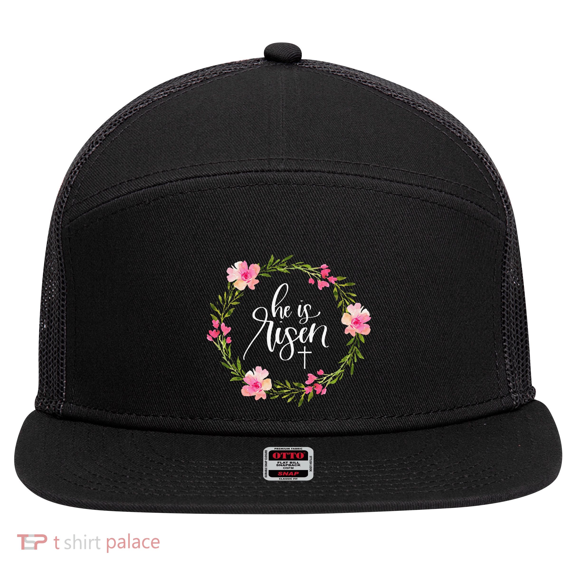He Is Risen Jesus Christian Happy Easter Floral Wreath 7 Panel Mesh Trucker Snapback Hat