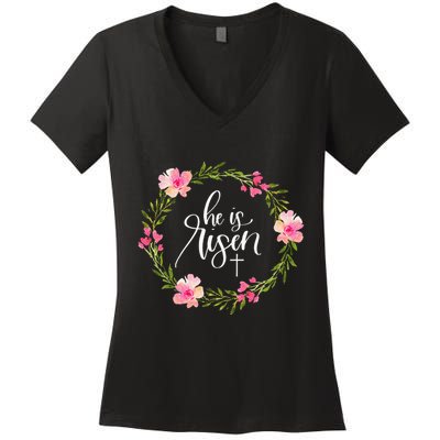 He Is Risen Jesus Christian Happy Easter Floral Wreath Women's V-Neck T-Shirt