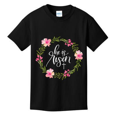 He Is Risen Jesus Christian Happy Easter Floral Wreath Kids T-Shirt