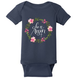 He Is Risen Jesus Christian Happy Easter Floral Wreath Baby Bodysuit