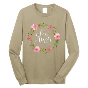 He Is Risen Jesus Christian Happy Easter Floral Wreath Long Sleeve Shirt