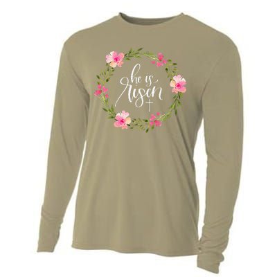 He Is Risen Jesus Christian Happy Easter Floral Wreath Cooling Performance Long Sleeve Crew