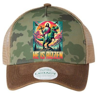 He Is Rizzen Jesus Riding Trex Retro Christian Dinosaur Legacy Tie Dye Trucker Hat