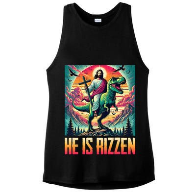 He Is Rizzen Jesus Riding Trex Retro Christian Dinosaur Ladies PosiCharge Tri-Blend Wicking Tank
