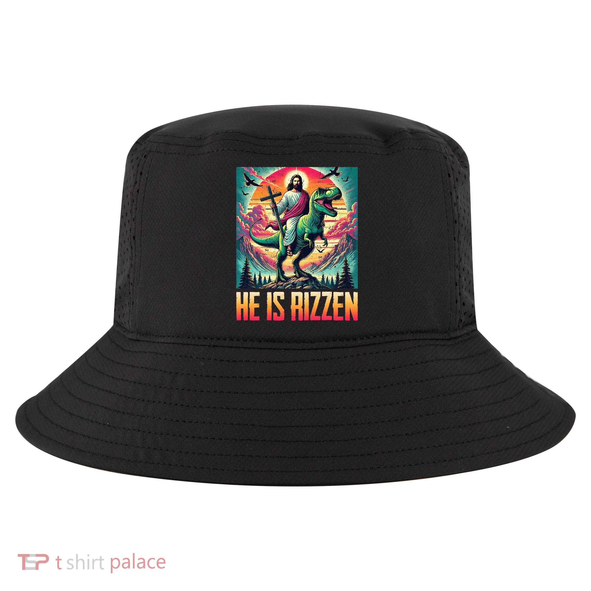 He Is Rizzen Jesus Riding Trex Retro Christian Dinosaur Cool Comfort Performance Bucket Hat