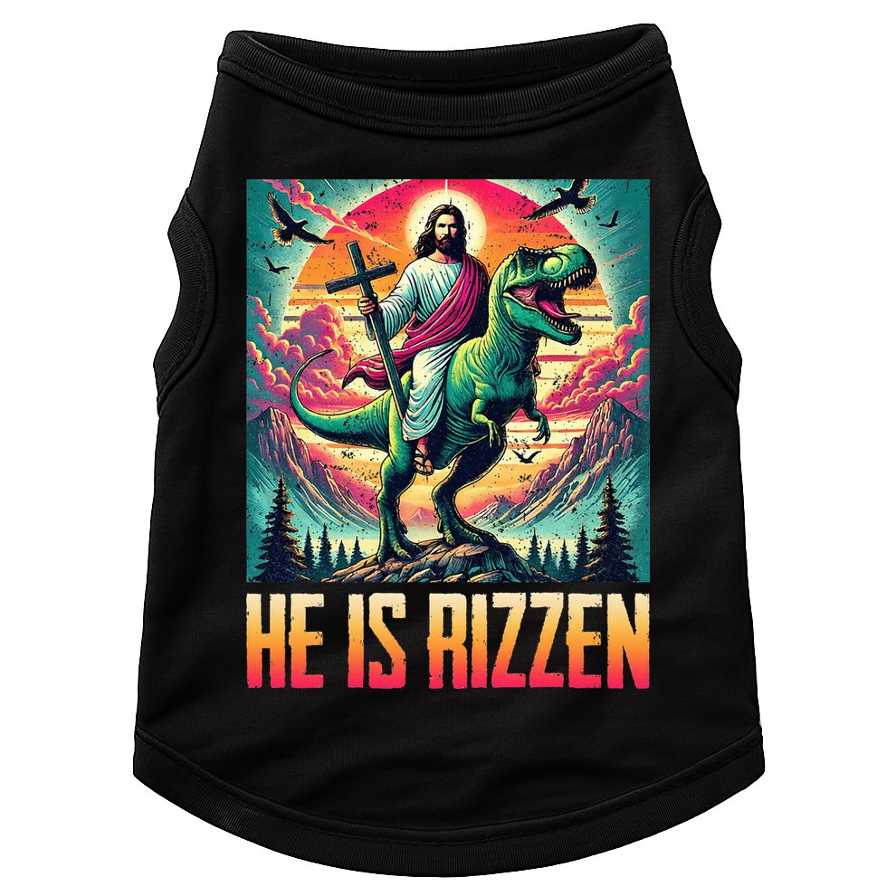 He Is Rizzen Jesus Riding Trex Retro Christian Dinosaur Doggie Tank