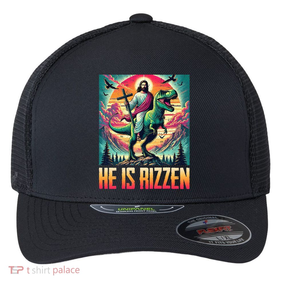 He Is Rizzen Jesus Riding Trex Retro Christian Dinosaur Flexfit Unipanel Trucker Cap
