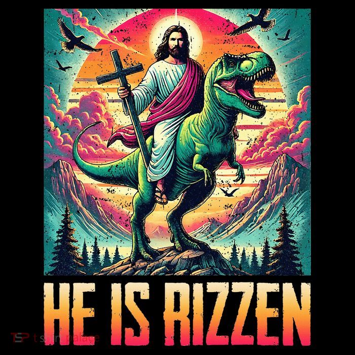 He Is Rizzen Jesus Riding Trex Retro Christian Dinosaur Flexfit Unipanel Trucker Cap