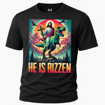 He Is Rizzen Jesus Riding Trex Retro Christian Dinosaur Performance Shirt