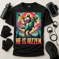 He Is Rizzen Jesus Riding Trex Retro Christian Dinosaur Cooling Performance Crew T-Shirt
