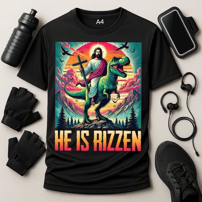 He Is Rizzen Jesus Riding Trex Retro Christian Dinosaur Cooling Performance Crew T-Shirt