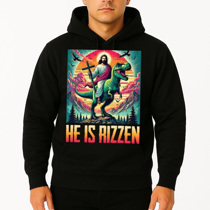 He Is Rizzen Jesus Riding Trex Retro Christian Dinosaur Hoodie