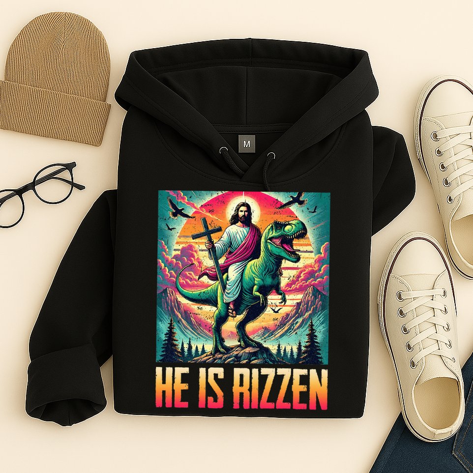 He Is Rizzen Jesus Riding Trex Retro Christian Dinosaur Hoodie