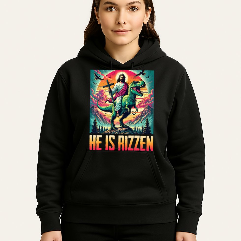 He Is Rizzen Jesus Riding Trex Retro Christian Dinosaur Hoodie