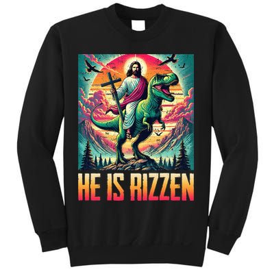 He Is Rizzen Jesus Riding Trex Retro Christian Dinosaur Sweatshirt