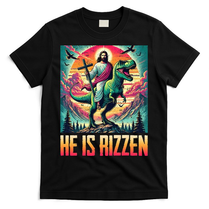 He Is Rizzen Jesus Riding Trex Retro Christian Dinosaur T-Shirt