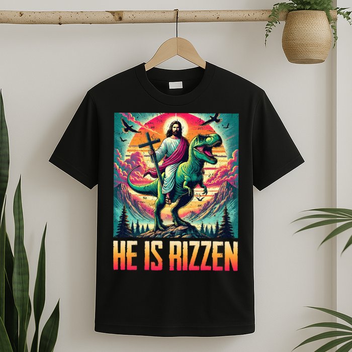 He Is Rizzen Jesus Riding Trex Retro Christian Dinosaur T-Shirt