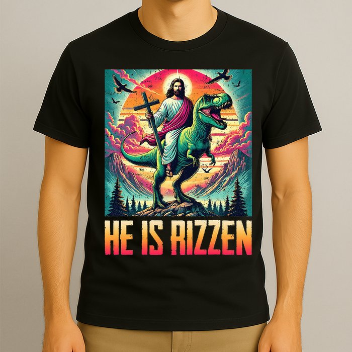 He Is Rizzen Jesus Riding Trex Retro Christian Dinosaur T-Shirt