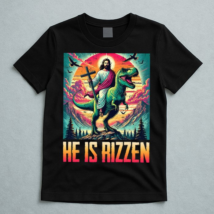 He Is Rizzen Jesus Riding Trex Retro Christian Dinosaur T-Shirt