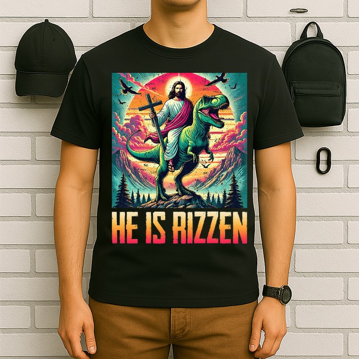 He Is Rizzen Jesus Riding Trex Retro Christian Dinosaur T-Shirt