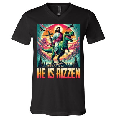 He Is Rizzen Jesus Riding Trex Retro Christian Dinosaur V-Neck T-Shirt
