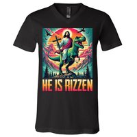 He Is Rizzen Jesus Riding Trex Retro Christian Dinosaur V-Neck T-Shirt