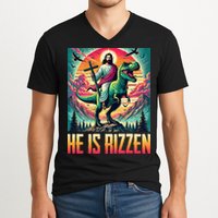 He Is Rizzen Jesus Riding Trex Retro Christian Dinosaur V-Neck T-Shirt