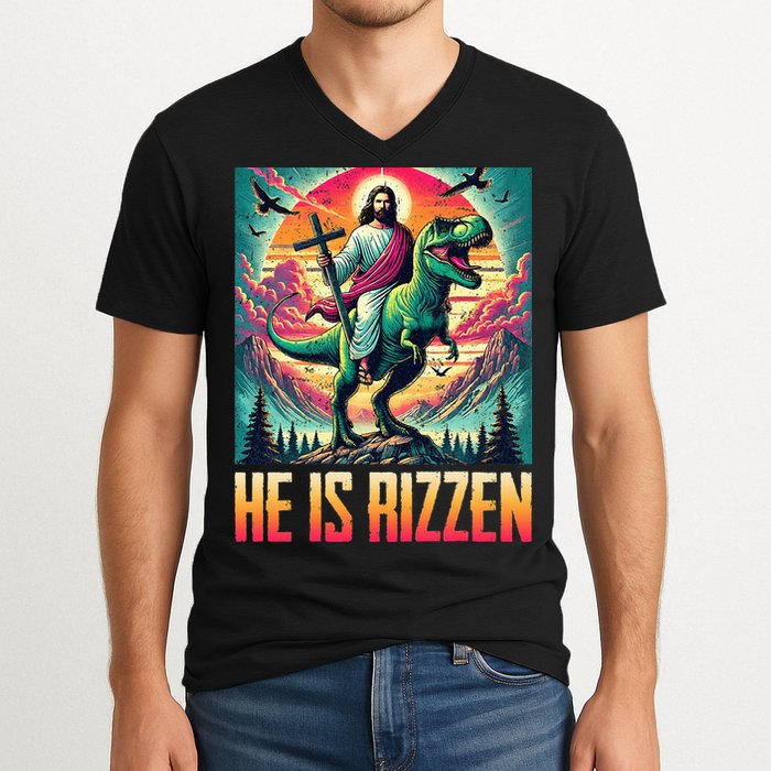 He Is Rizzen Jesus Riding Trex Retro Christian Dinosaur V-Neck T-Shirt