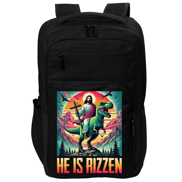 He Is Rizzen Jesus Riding Trex Retro Christian Dinosaur Impact Tech Backpack